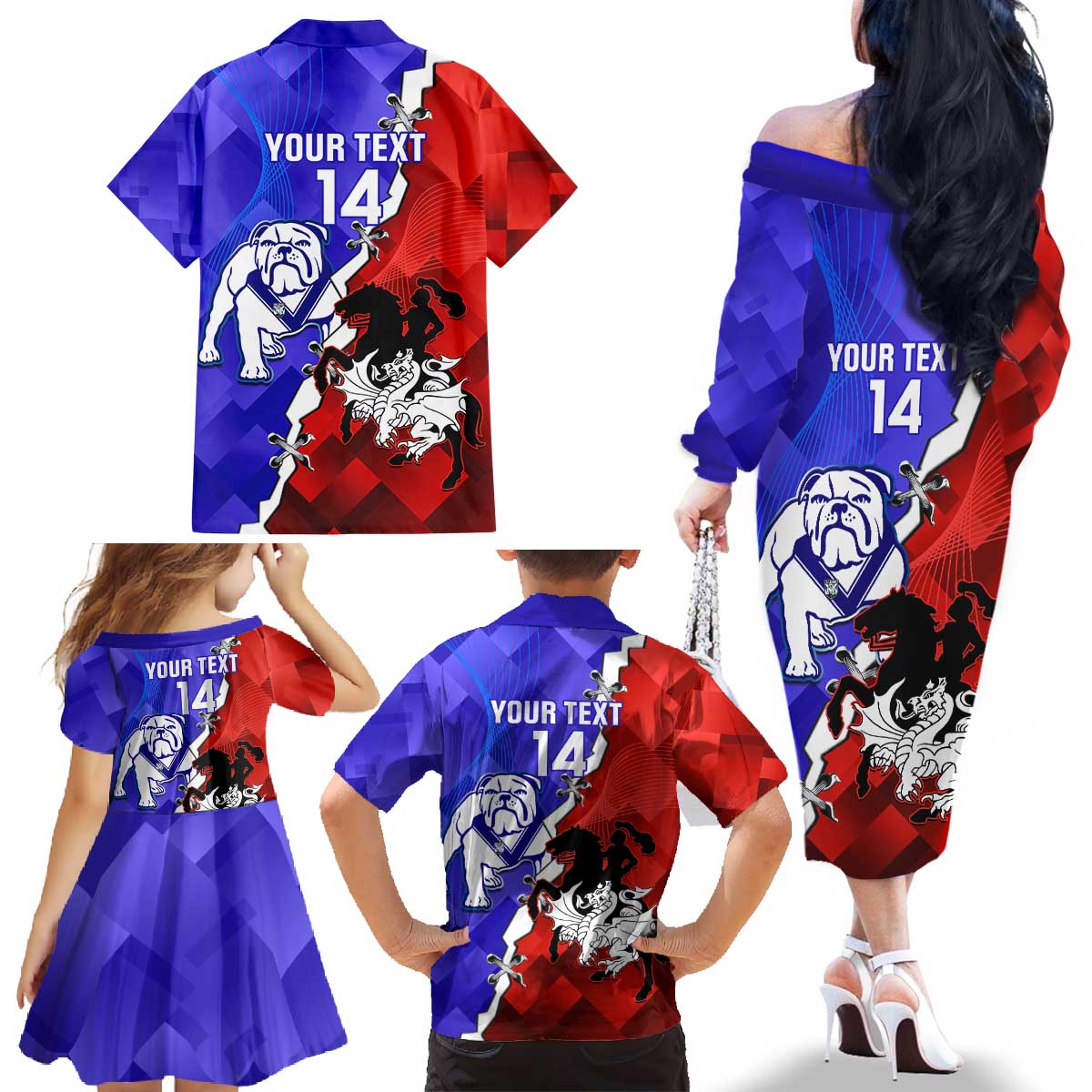 Custom Bulldogs And Dragons Rugby 2025 Family Matching Off The Shoulder Long Sleeve Dress and Hawaiian Shirt Dynamic Style