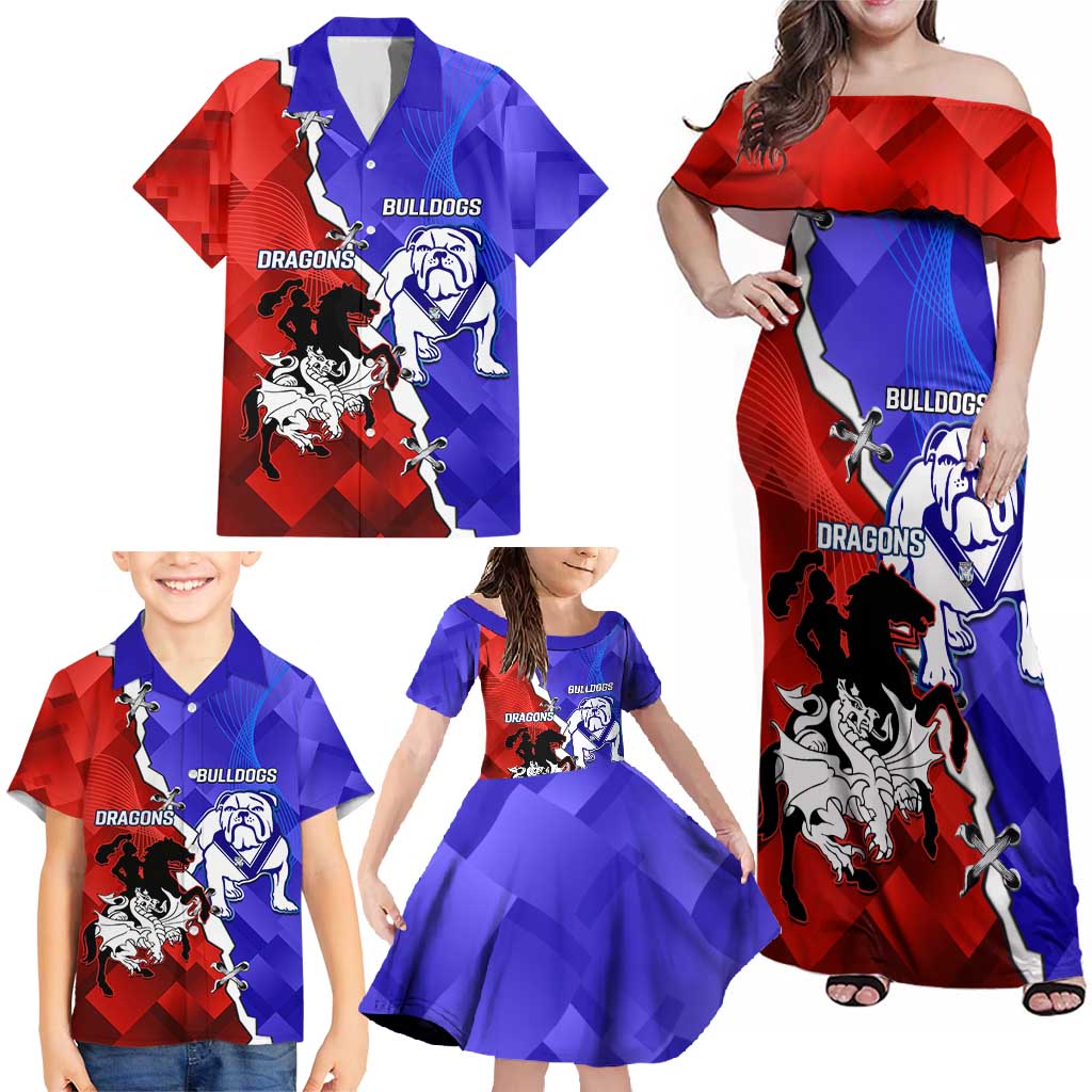 Custom Bulldogs And Dragons Rugby 2025 Family Matching Off Shoulder Maxi Dress and Hawaiian Shirt Dynamic Style