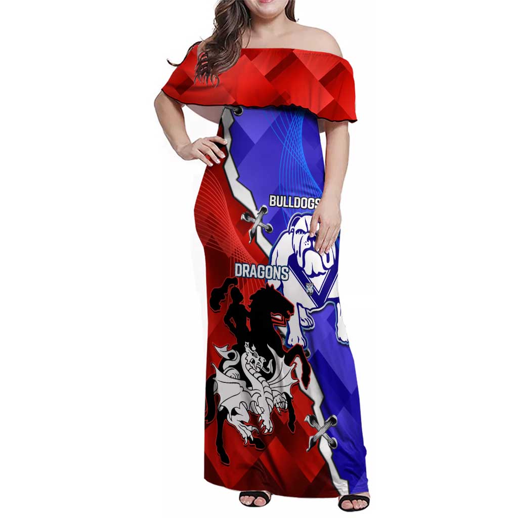 Custom Bulldogs And Dragons Rugby 2025 Family Matching Off Shoulder Maxi Dress and Hawaiian Shirt Dynamic Style