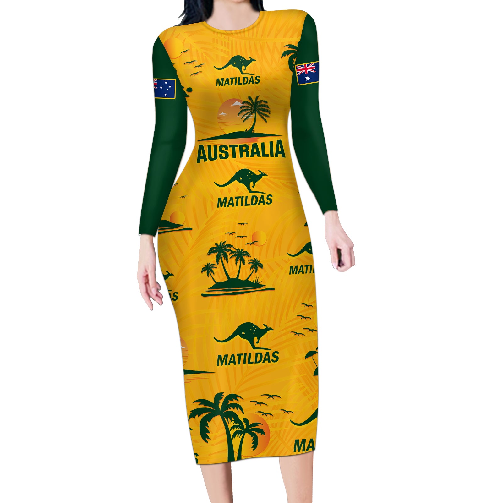 australia-soccer-long-sleeve-bodycon-dress-matildas-world-cup-2023-tropical-style