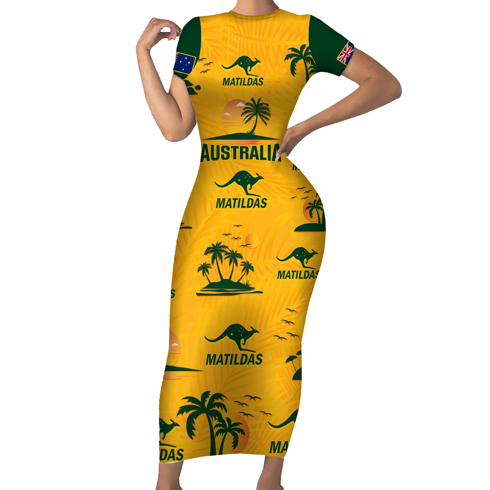 custom-australia-soccer-short-sleeve-bodycon-dress-matildas-world-cup-2023-tropical-style