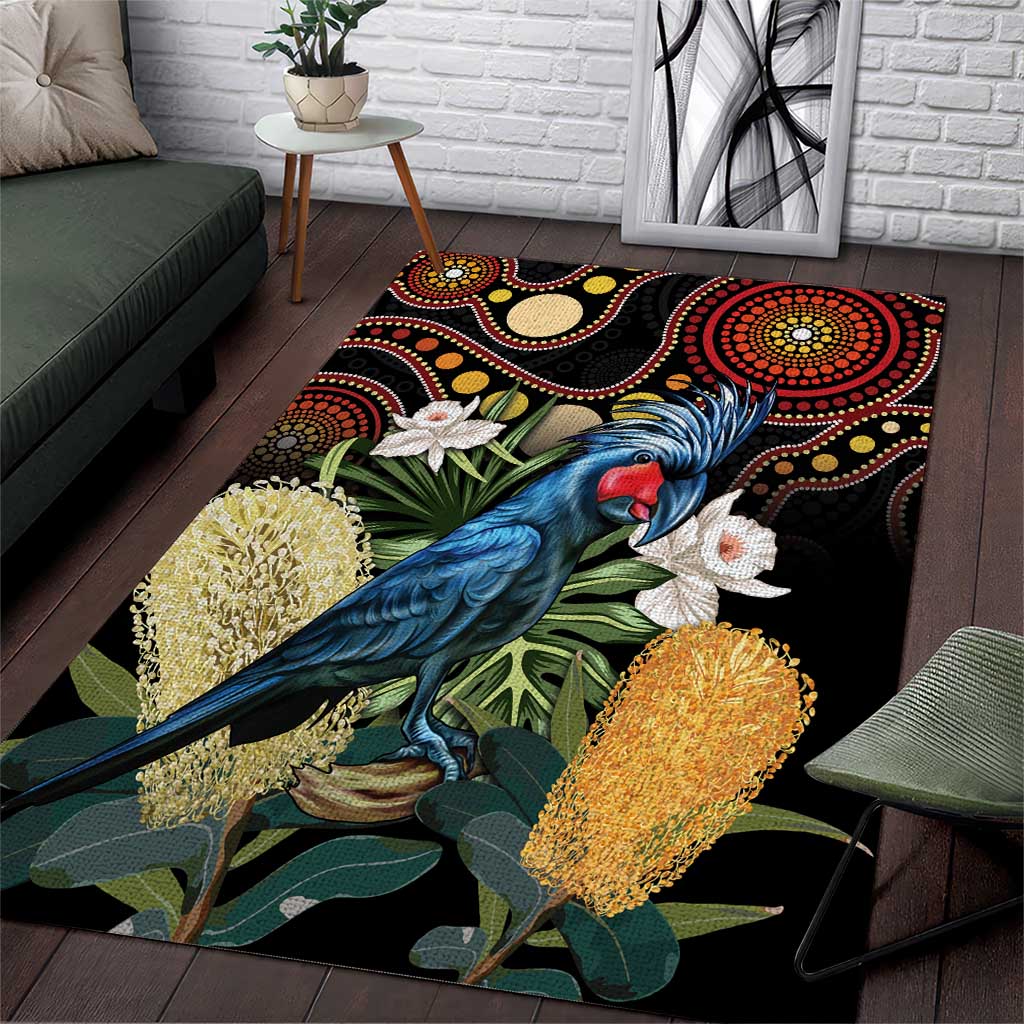 Australia Palm Cockatoo Area Rug Aussie Banksia - Aboriginal Pattern - Vibe Hoodie Shop