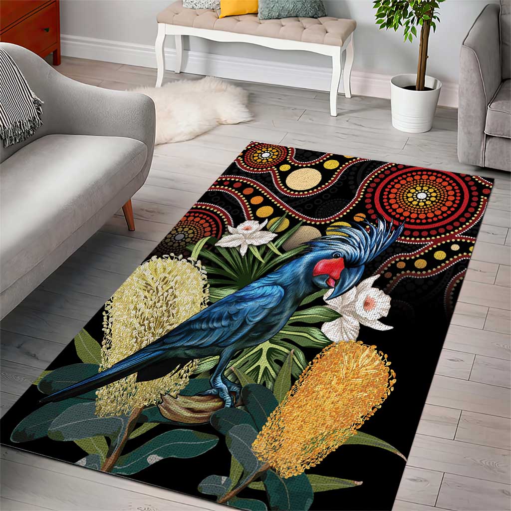 Australia Palm Cockatoo Area Rug Aussie Banksia - Aboriginal Pattern - Vibe Hoodie Shop