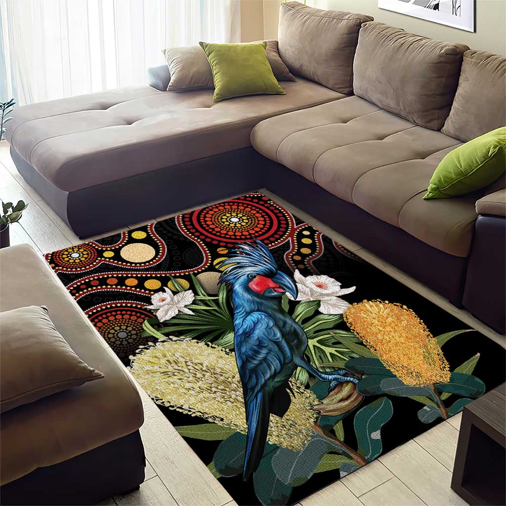 Australia Palm Cockatoo Area Rug Aussie Banksia - Aboriginal Pattern - Vibe Hoodie Shop