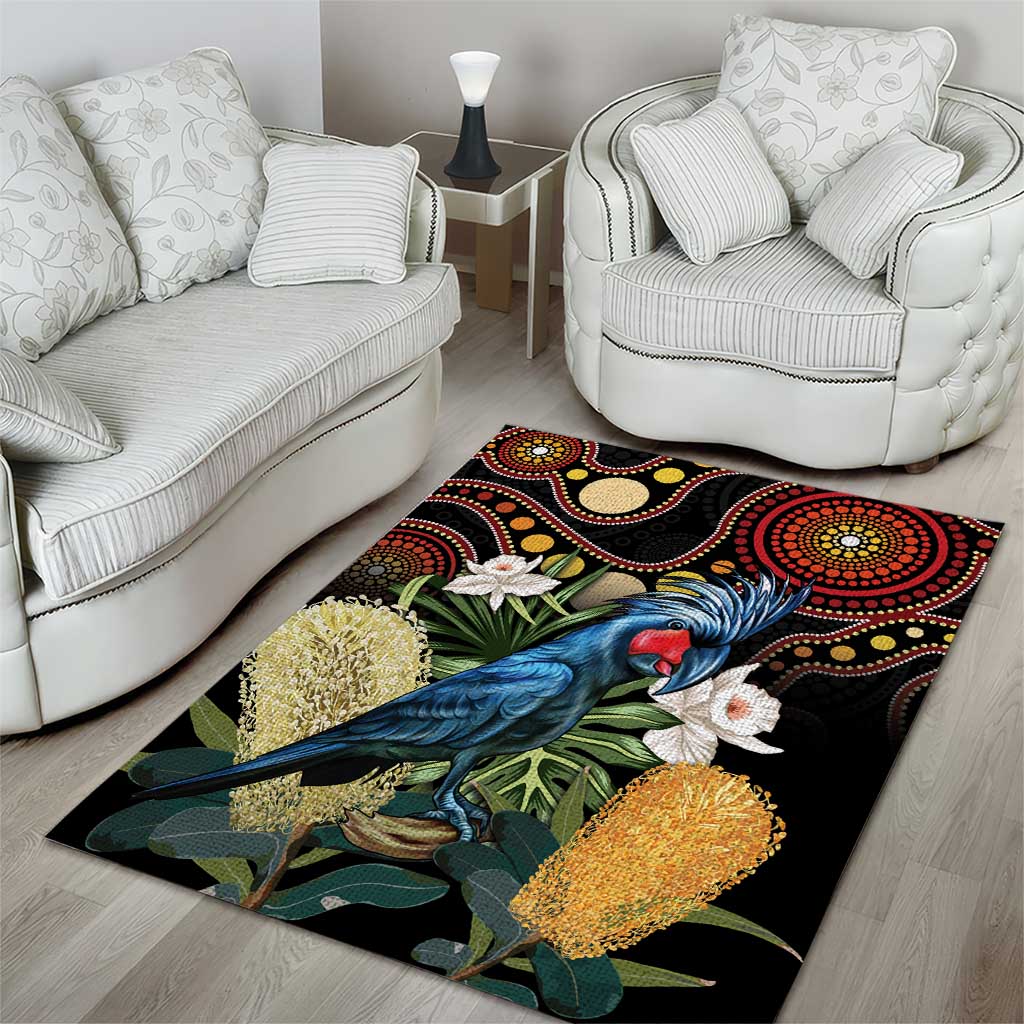 Australia Palm Cockatoo Area Rug Aussie Banksia - Aboriginal Pattern - Vibe Hoodie Shop