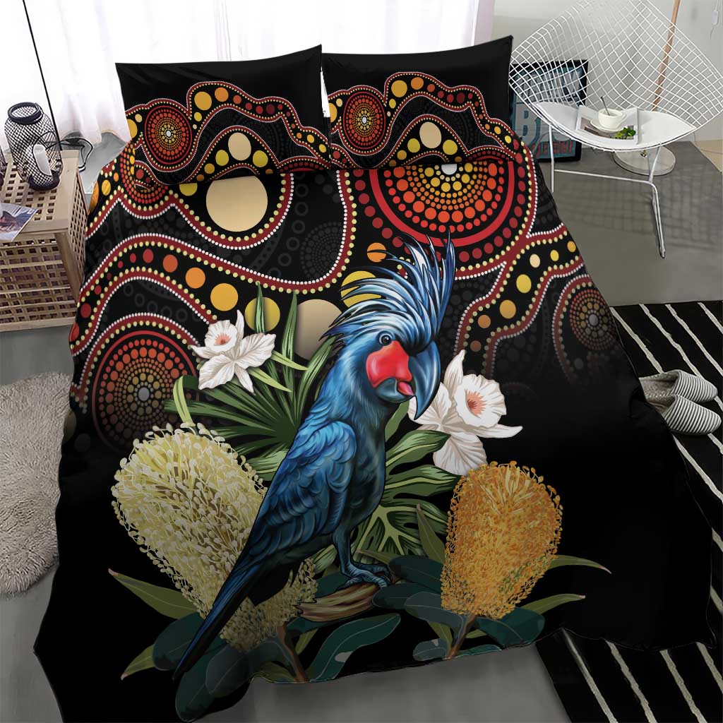 Australia Palm Cockatoo Bedding Set Aussie Banksia - Aboriginal Pattern - Vibe Hoodie Shop