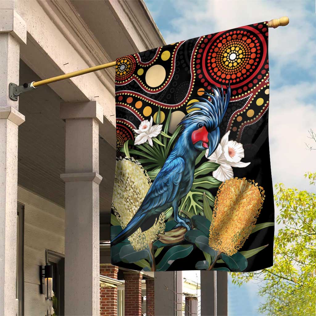 Australia Palm Cockatoo Garden Flag Aussie Banksia - Aboriginal Pattern - Vibe Hoodie Shop