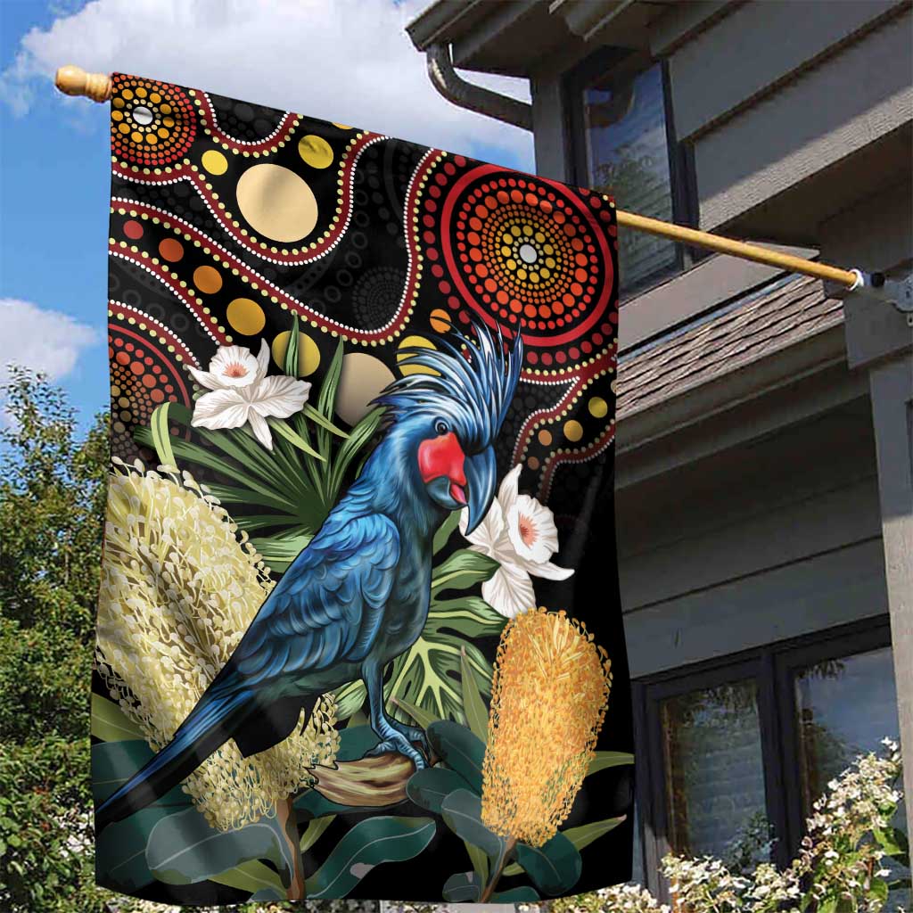 Australia Palm Cockatoo Garden Flag Aussie Banksia - Aboriginal Pattern - Vibe Hoodie Shop