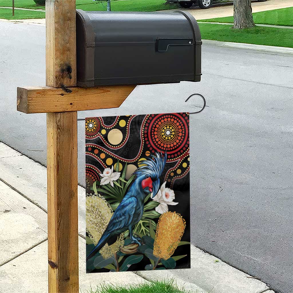 Australia Palm Cockatoo Garden Flag Aussie Banksia - Aboriginal Pattern - Vibe Hoodie Shop