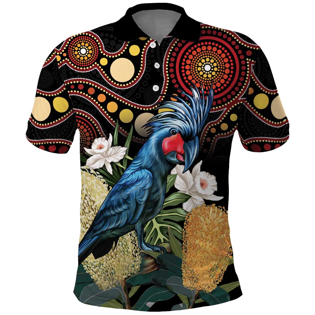 Australia Palm Cockatoo Polo Shirt Aussie Banksia - Aboriginal Pattern - Vibe Hoodie Shop