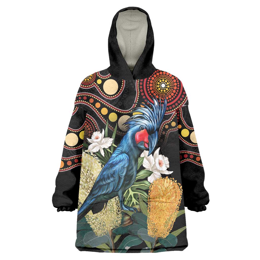 Australia Palm Cockatoo Wearable Blanket Hoodie Aussie Banksia - Aboriginal Pattern - Vibe Hoodie Shop