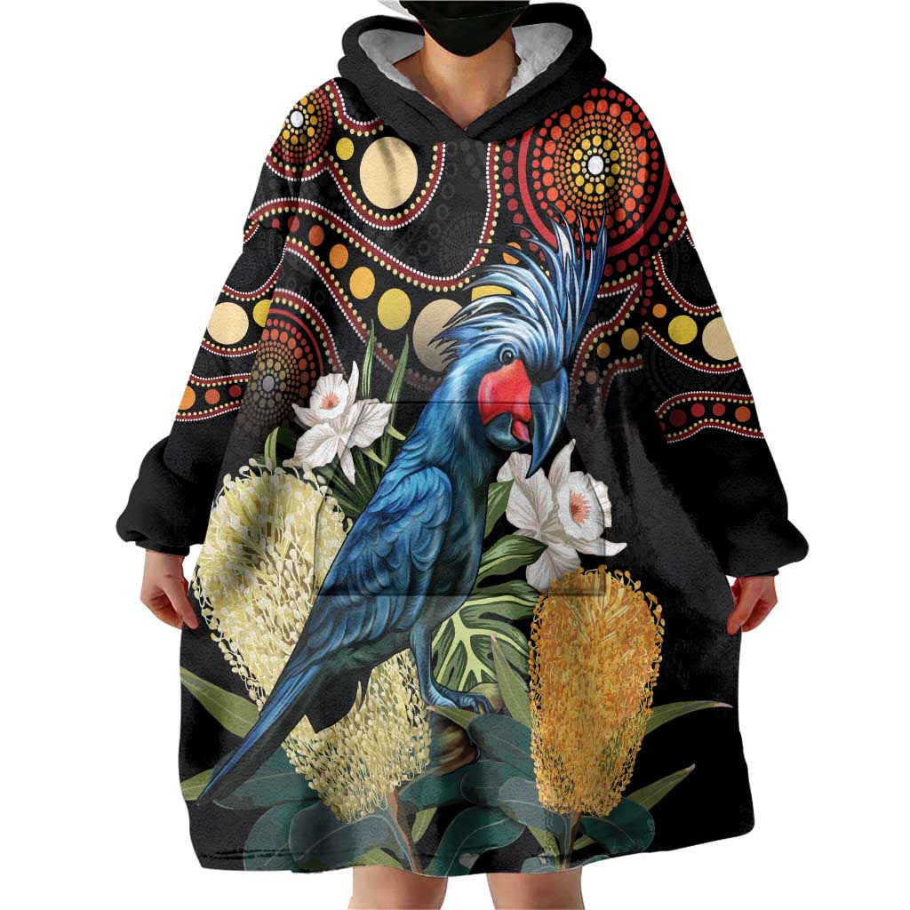 Australia Palm Cockatoo Wearable Blanket Hoodie Aussie Banksia - Aboriginal Pattern - Vibe Hoodie Shop