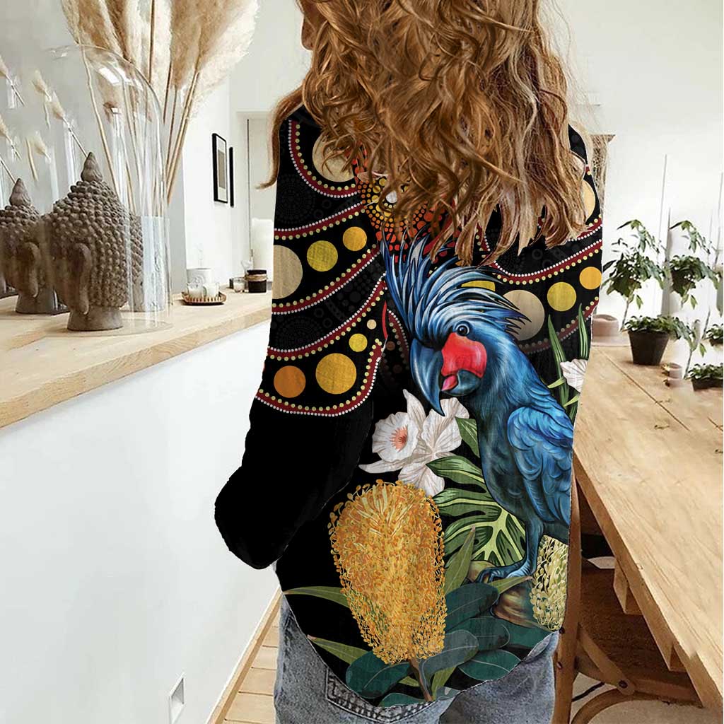 Australia Palm Cockatoo Women Casual Shirt Aussie Banksia - Aboriginal Pattern - Vibe Hoodie Shop