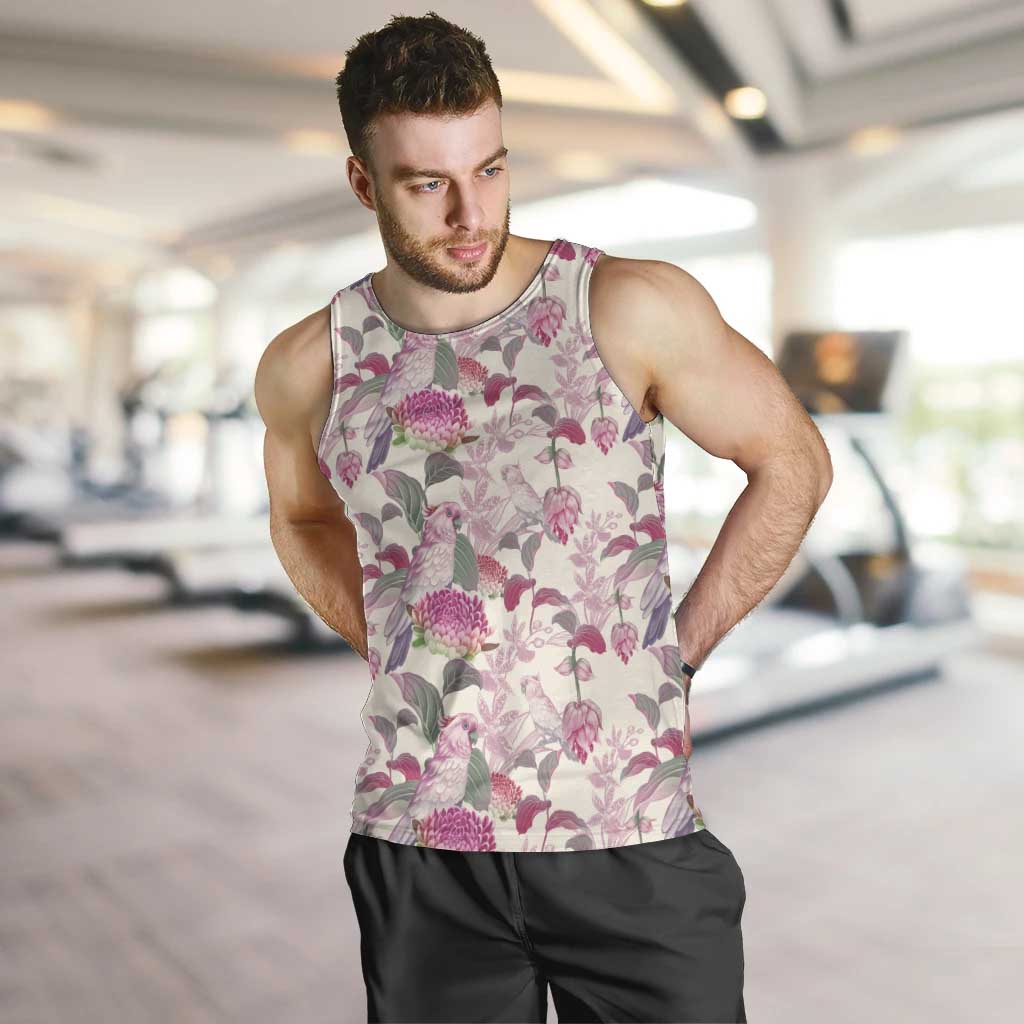 Pink Cockatoo Australia Men Tank Top Tropical Flowers - Seamless Pattern - Vibe Hoodie Shop