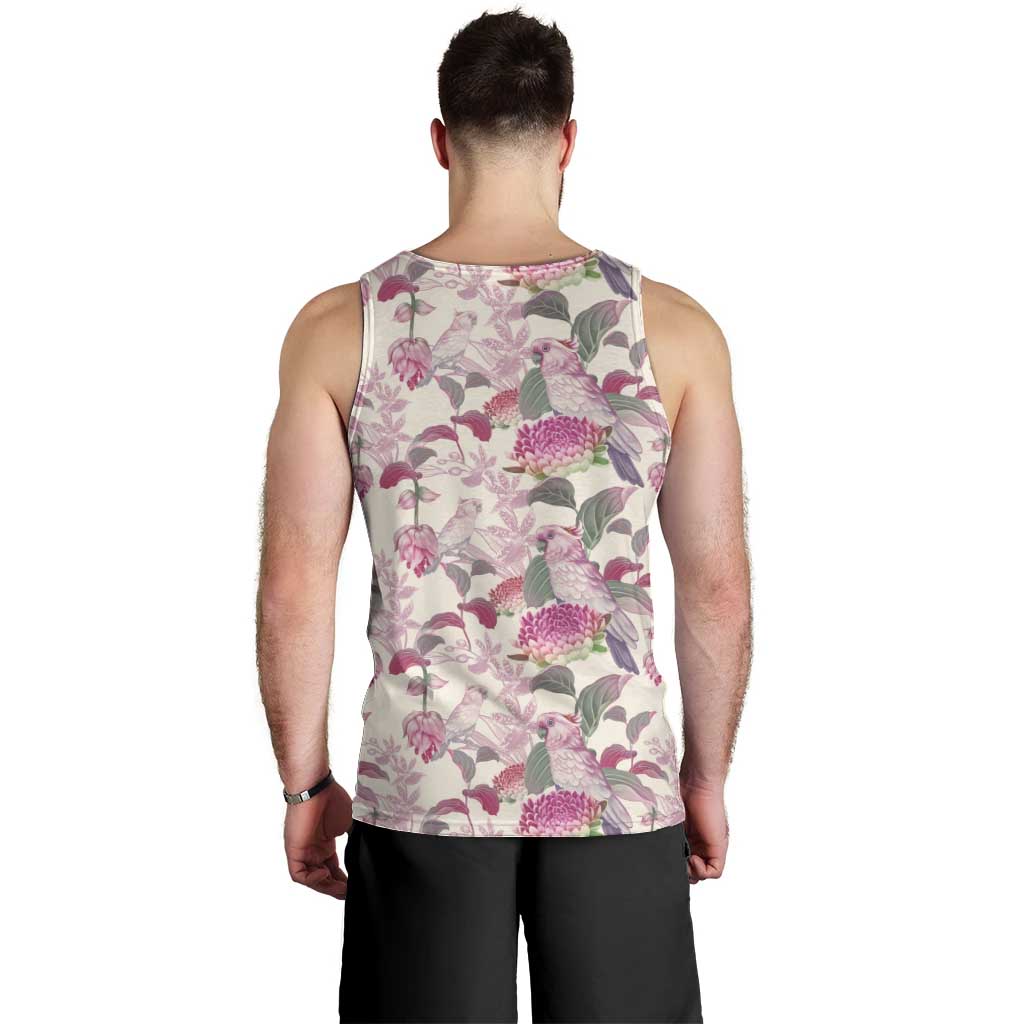 Pink Cockatoo Australia Men Tank Top Tropical Flowers - Seamless Pattern - Vibe Hoodie Shop