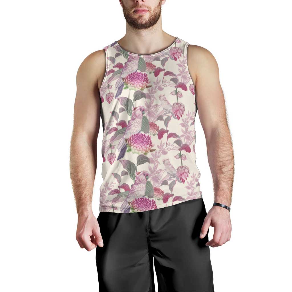 Pink Cockatoo Australia Men Tank Top Tropical Flowers - Seamless Pattern - Vibe Hoodie Shop