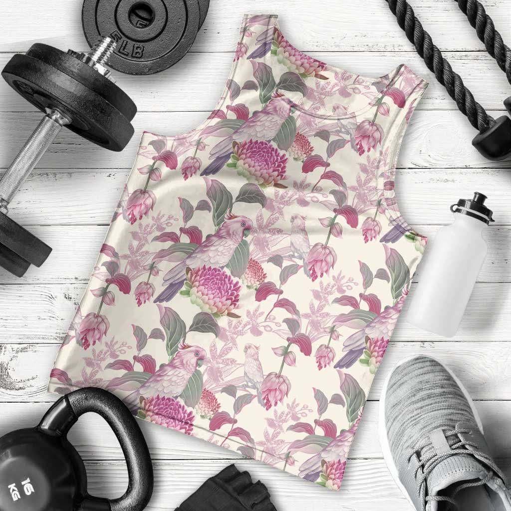 Pink Cockatoo Australia Men Tank Top Tropical Flowers - Seamless Pattern - Vibe Hoodie Shop