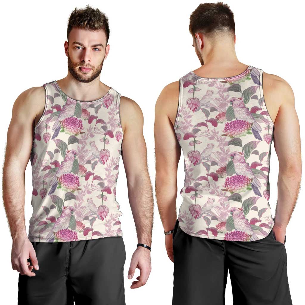 Pink Cockatoo Australia Men Tank Top Tropical Flowers - Seamless Pattern - Vibe Hoodie Shop