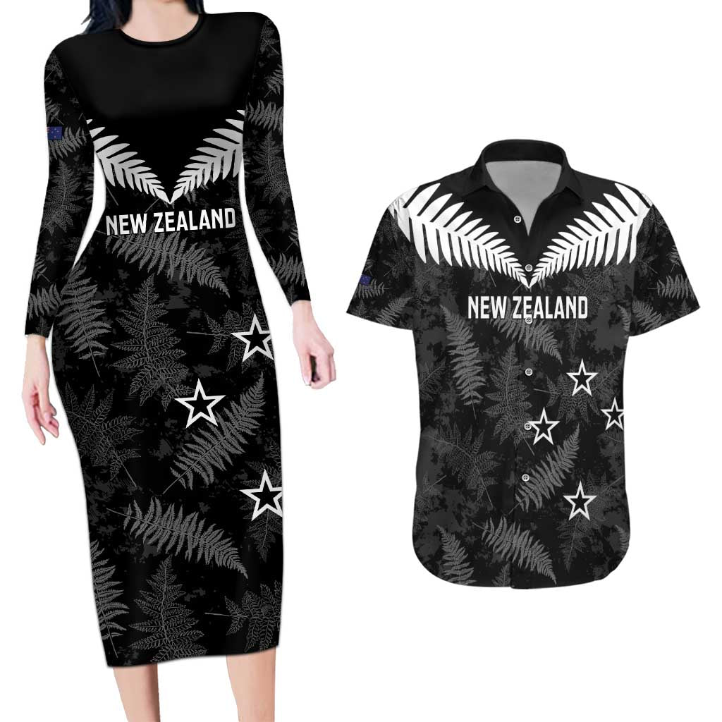 Custom New Zealand Silver Fern Football Couples Matching Long Sleeve Bodycon Dress and Hawaiian Shirt Go Aotearoa Grunge Black - Vibe Hoodie