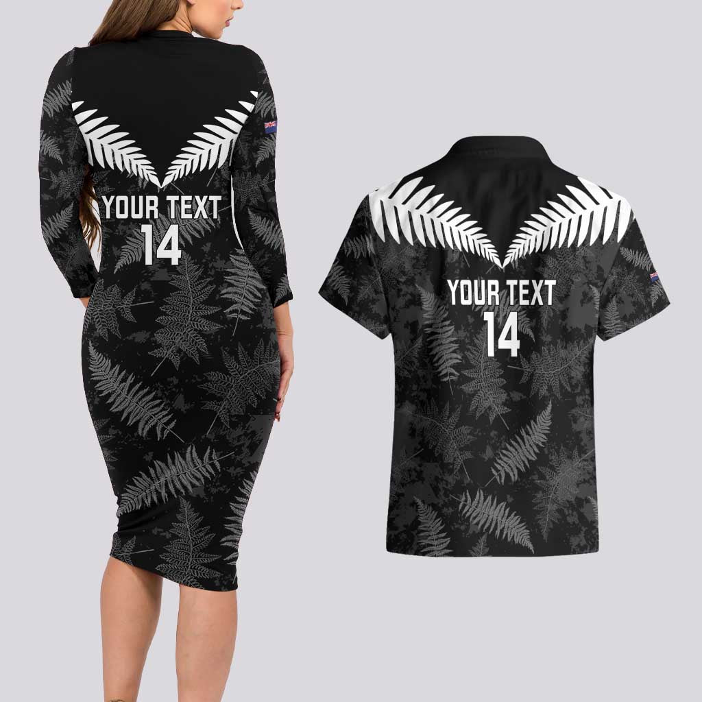 Custom New Zealand Silver Fern Football Couples Matching Long Sleeve Bodycon Dress and Hawaiian Shirt Go Aotearoa Grunge Black - Vibe Hoodie