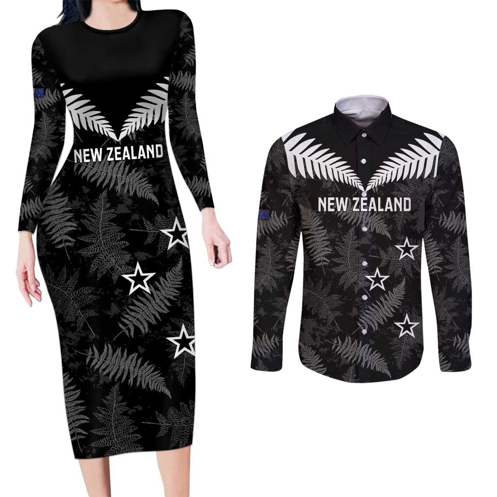 Custom New Zealand Silver Fern Football Couples Matching Long Sleeve Bodycon Dress and Long Sleeve Button Shirt Go Aotearoa Grunge Black - Vibe Hoodie