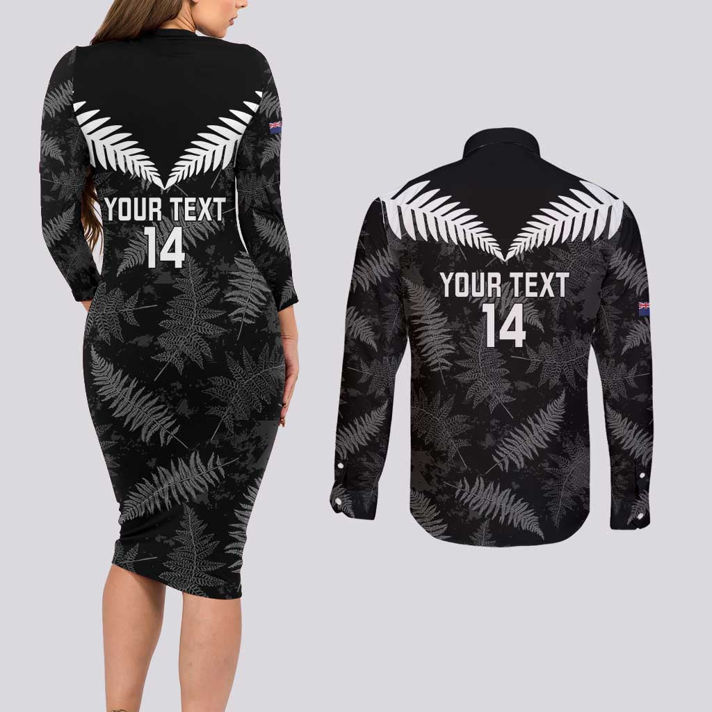 Custom New Zealand Silver Fern Football Couples Matching Long Sleeve Bodycon Dress and Long Sleeve Button Shirt Go Aotearoa Grunge Black - Vibe Hoodie