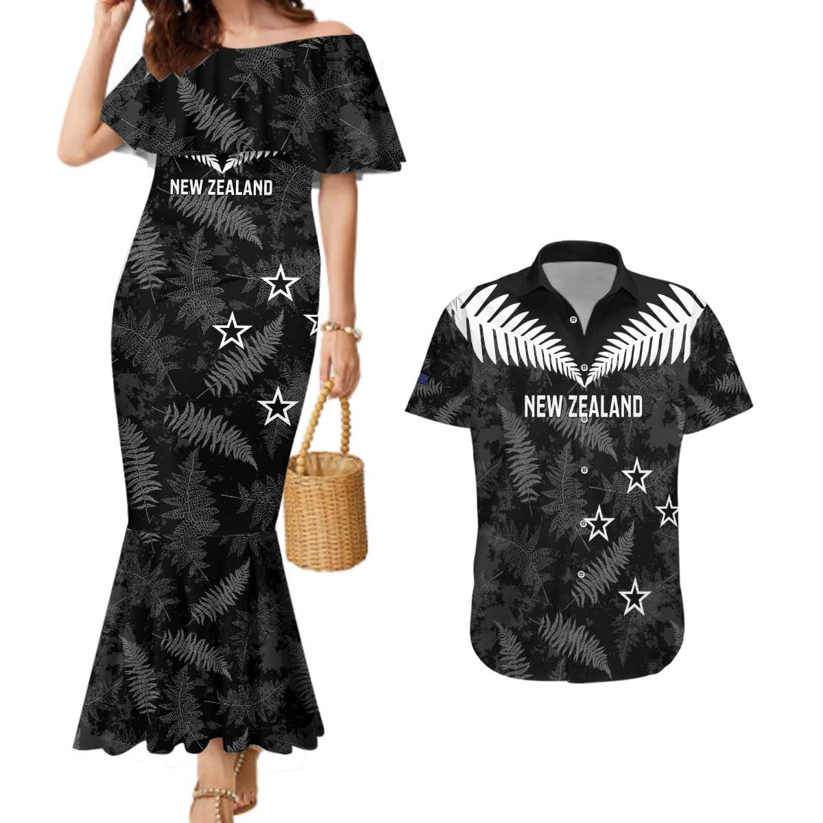 Custom New Zealand Silver Fern Football Couples Matching Mermaid Dress and Hawaiian Shirt Go Aotearoa Grunge Black - Vibe Hoodie