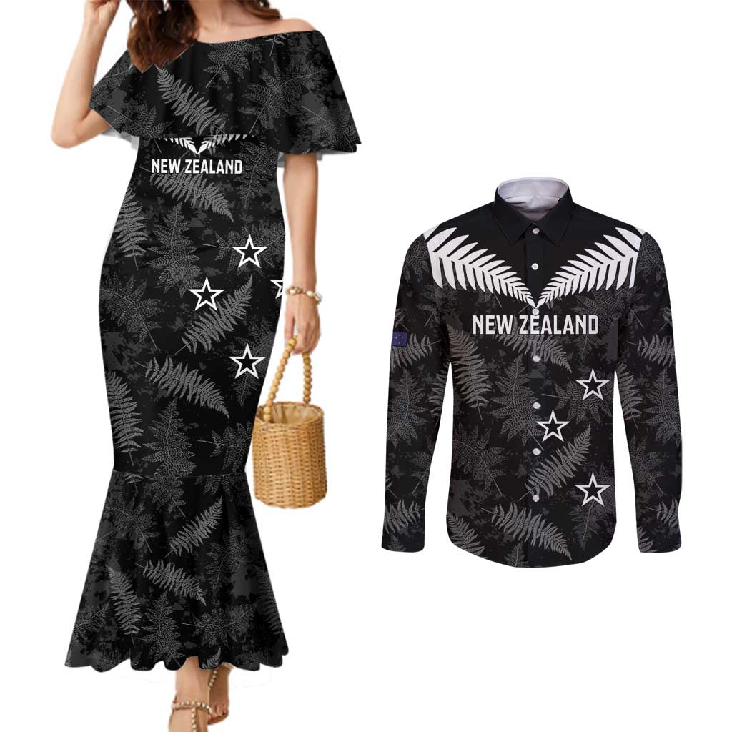 Custom New Zealand Silver Fern Football Couples Matching Mermaid Dress and Long Sleeve Button Shirt Go Aotearoa Grunge Black - Vibe Hoodie