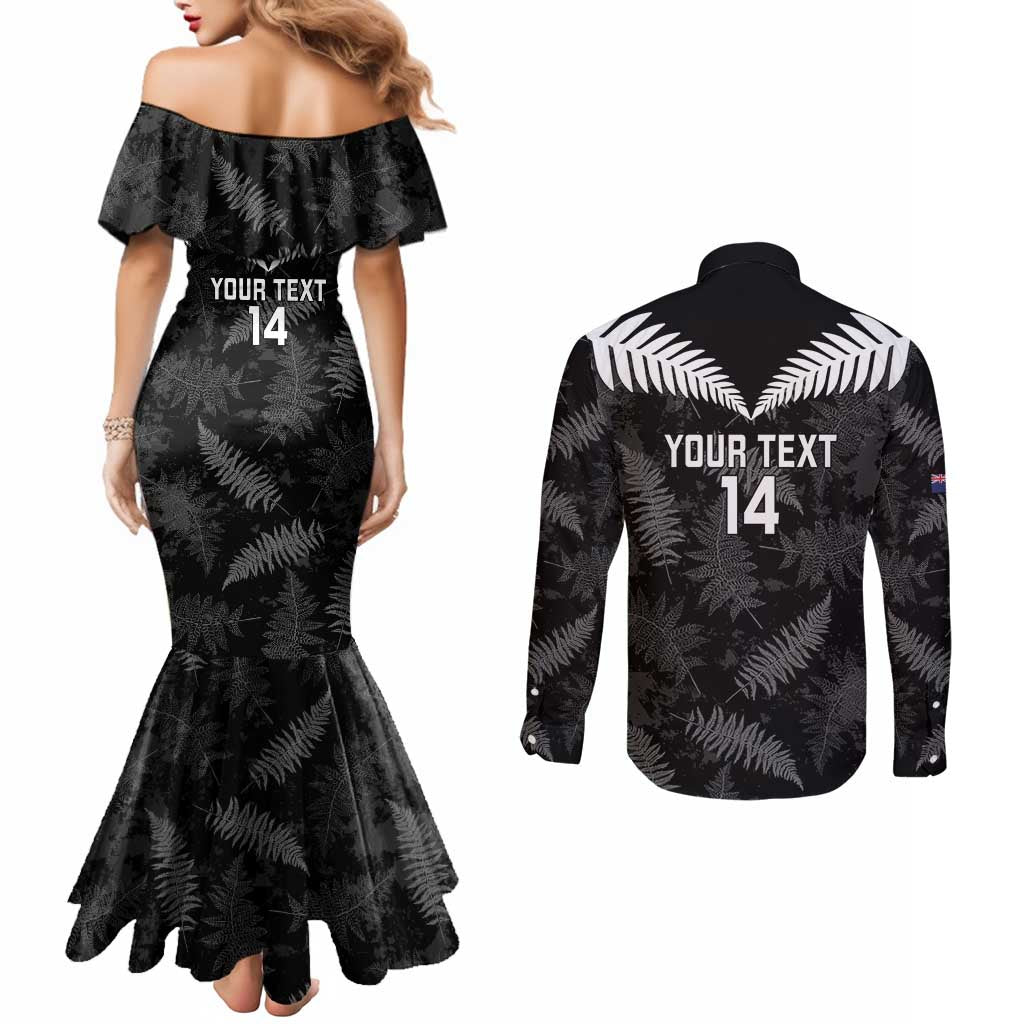 Custom New Zealand Silver Fern Football Couples Matching Mermaid Dress and Long Sleeve Button Shirt Go Aotearoa Grunge Black - Vibe Hoodie
