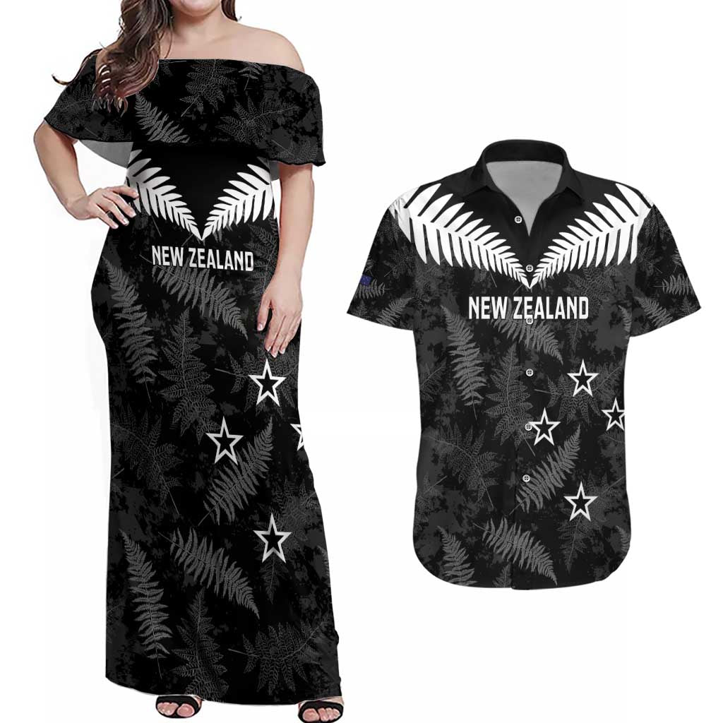 Custom New Zealand Silver Fern Football Couples Matching Off Shoulder Maxi Dress and Hawaiian Shirt Go Aotearoa Grunge Black - Vibe Hoodie