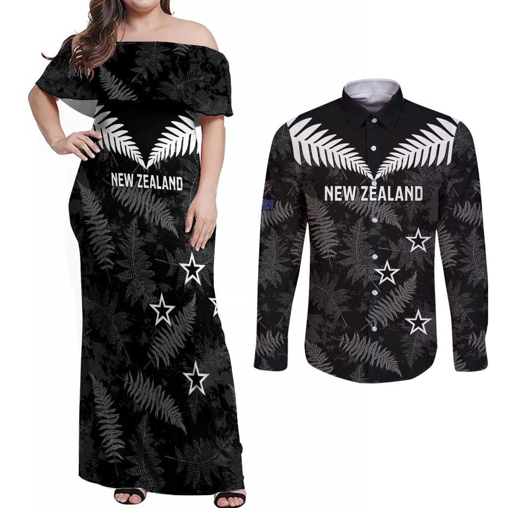 Custom New Zealand Silver Fern Football Couples Matching Off Shoulder Maxi Dress and Long Sleeve Button Shirt Go Aotearoa Grunge Black - Vibe Hoodie