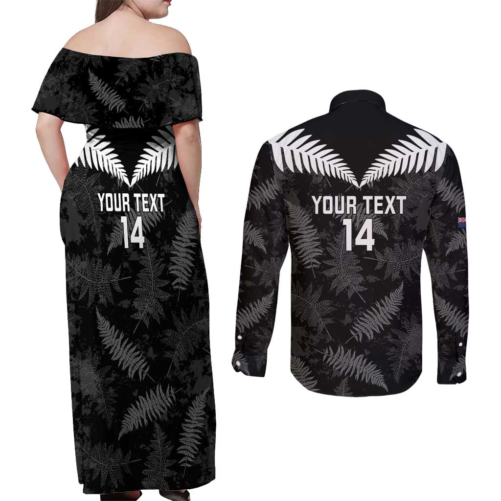 Custom New Zealand Silver Fern Football Couples Matching Off Shoulder Maxi Dress and Long Sleeve Button Shirt Go Aotearoa Grunge Black - Vibe Hoodie