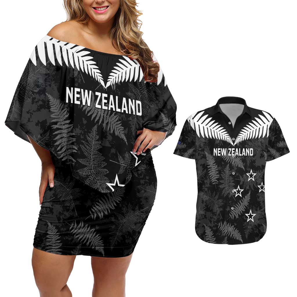 Custom New Zealand Silver Fern Football Couples Matching Off Shoulder Short Dress and Hawaiian Shirt Go Aotearoa Grunge Black - Vibe Hoodie