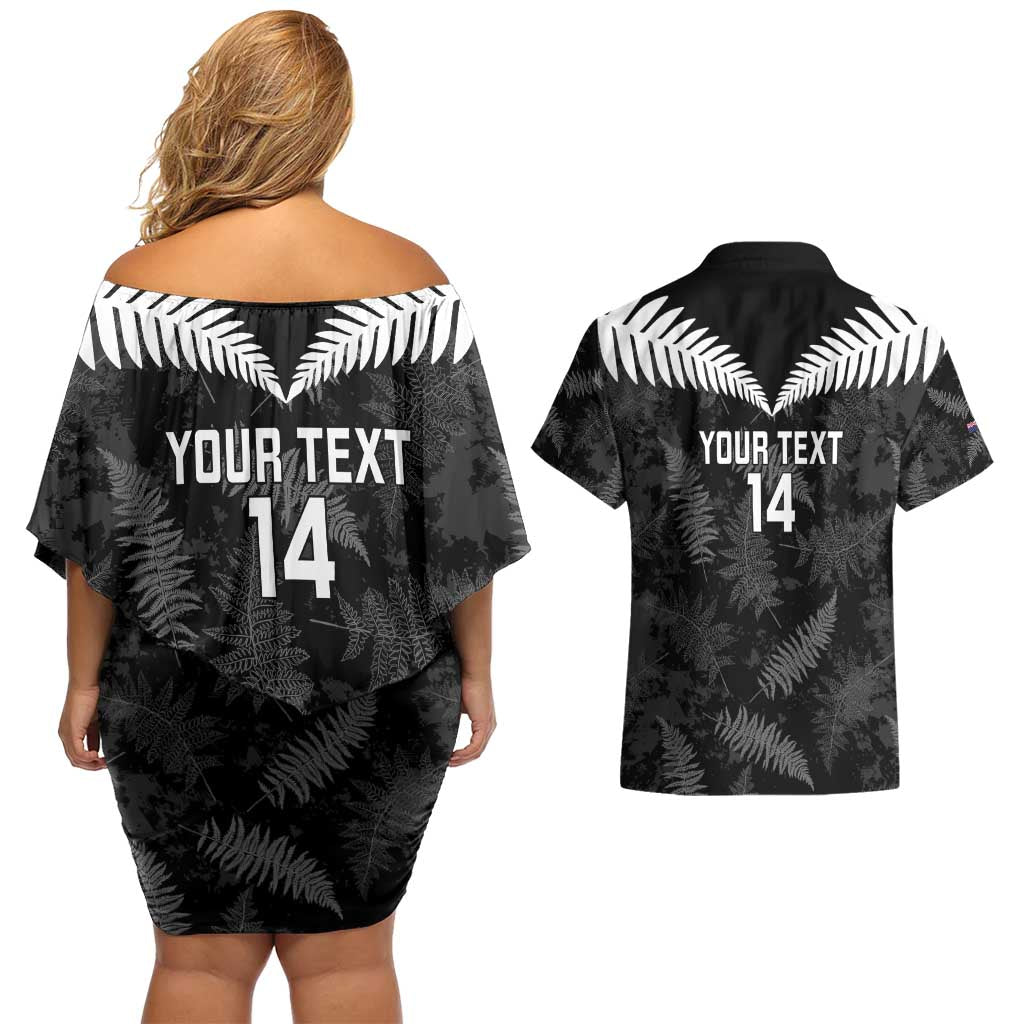 Custom New Zealand Silver Fern Football Couples Matching Off Shoulder Short Dress and Hawaiian Shirt Go Aotearoa Grunge Black - Vibe Hoodie