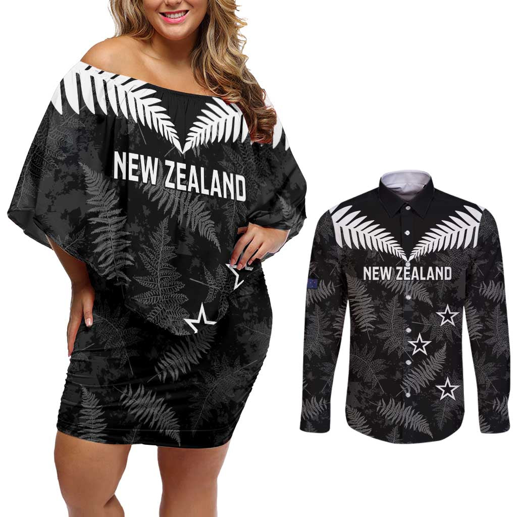 Custom New Zealand Silver Fern Football Couples Matching Off Shoulder Short Dress and Long Sleeve Button Shirt Go Aotearoa Grunge Black - Vibe Hoodie