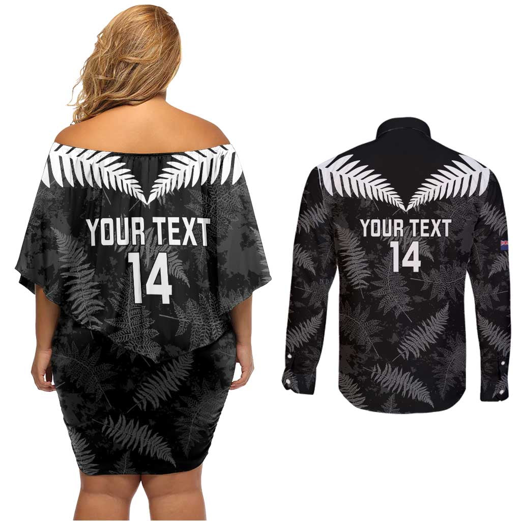 Custom New Zealand Silver Fern Football Couples Matching Off Shoulder Short Dress and Long Sleeve Button Shirt Go Aotearoa Grunge Black - Vibe Hoodie