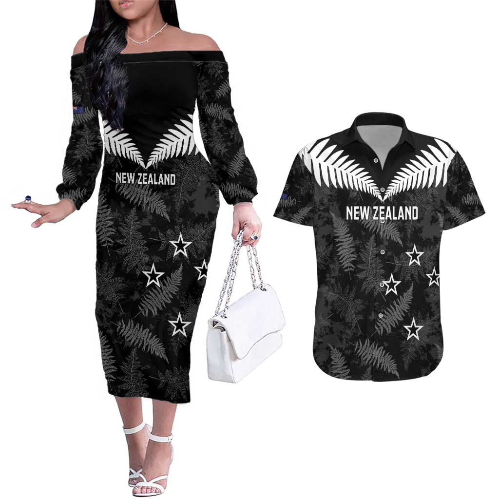 Custom New Zealand Silver Fern Football Couples Matching Off The Shoulder Long Sleeve Dress and Hawaiian Shirt Go Aotearoa Grunge Black - Vibe Hoodie