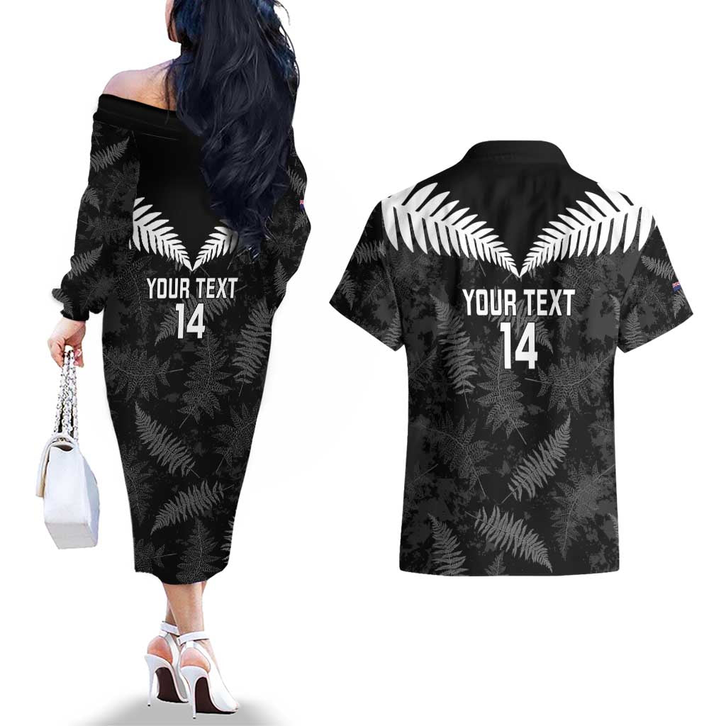 Custom New Zealand Silver Fern Football Couples Matching Off The Shoulder Long Sleeve Dress and Hawaiian Shirt Go Aotearoa Grunge Black - Vibe Hoodie
