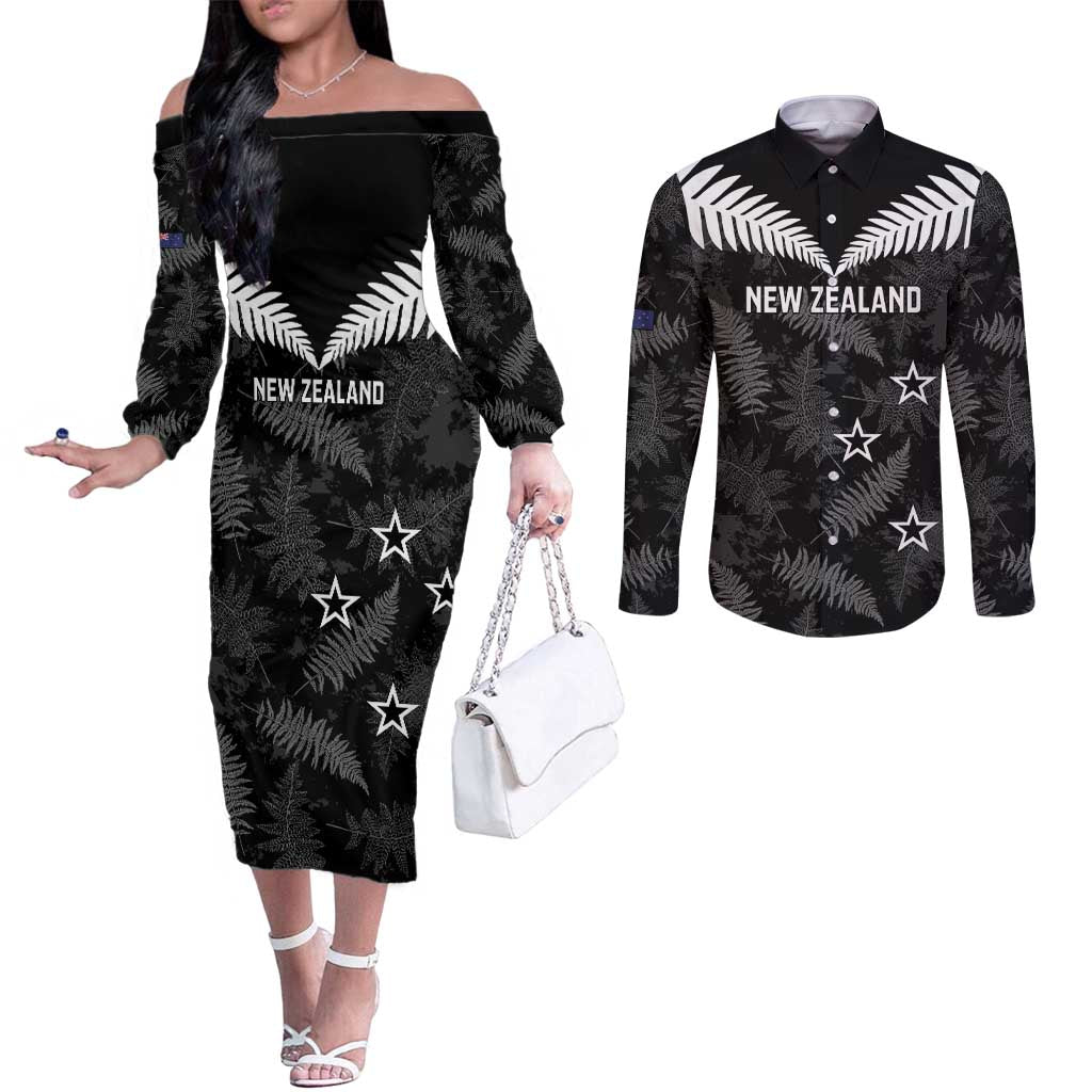 Custom New Zealand Silver Fern Football Couples Matching Off The Shoulder Long Sleeve Dress and Long Sleeve Button Shirt Go Aotearoa Grunge Black - Vibe Hoodie