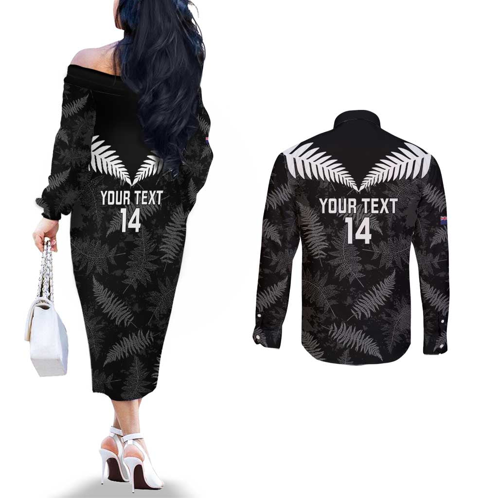 Custom New Zealand Silver Fern Football Couples Matching Off The Shoulder Long Sleeve Dress and Long Sleeve Button Shirt Go Aotearoa Grunge Black - Vibe Hoodie