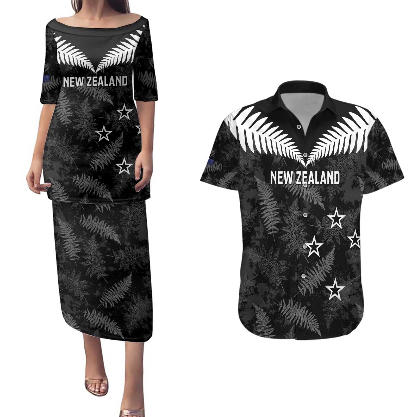Custom New Zealand Silver Fern Football Couples Matching Puletasi and Hawaiian Shirt Go Aotearoa Grunge Black - Vibe Hoodie