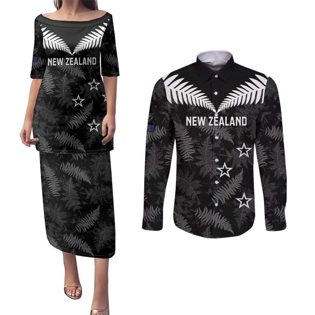 Custom New Zealand Silver Fern Football Couples Matching Puletasi and Long Sleeve Button Shirt Go Aotearoa Grunge Black - Vibe Hoodie