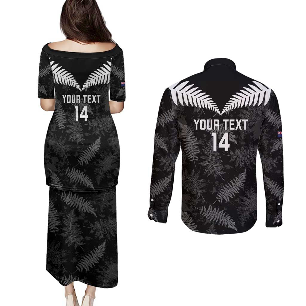 Custom New Zealand Silver Fern Football Couples Matching Puletasi and Long Sleeve Button Shirt Go Aotearoa Grunge Black - Vibe Hoodie