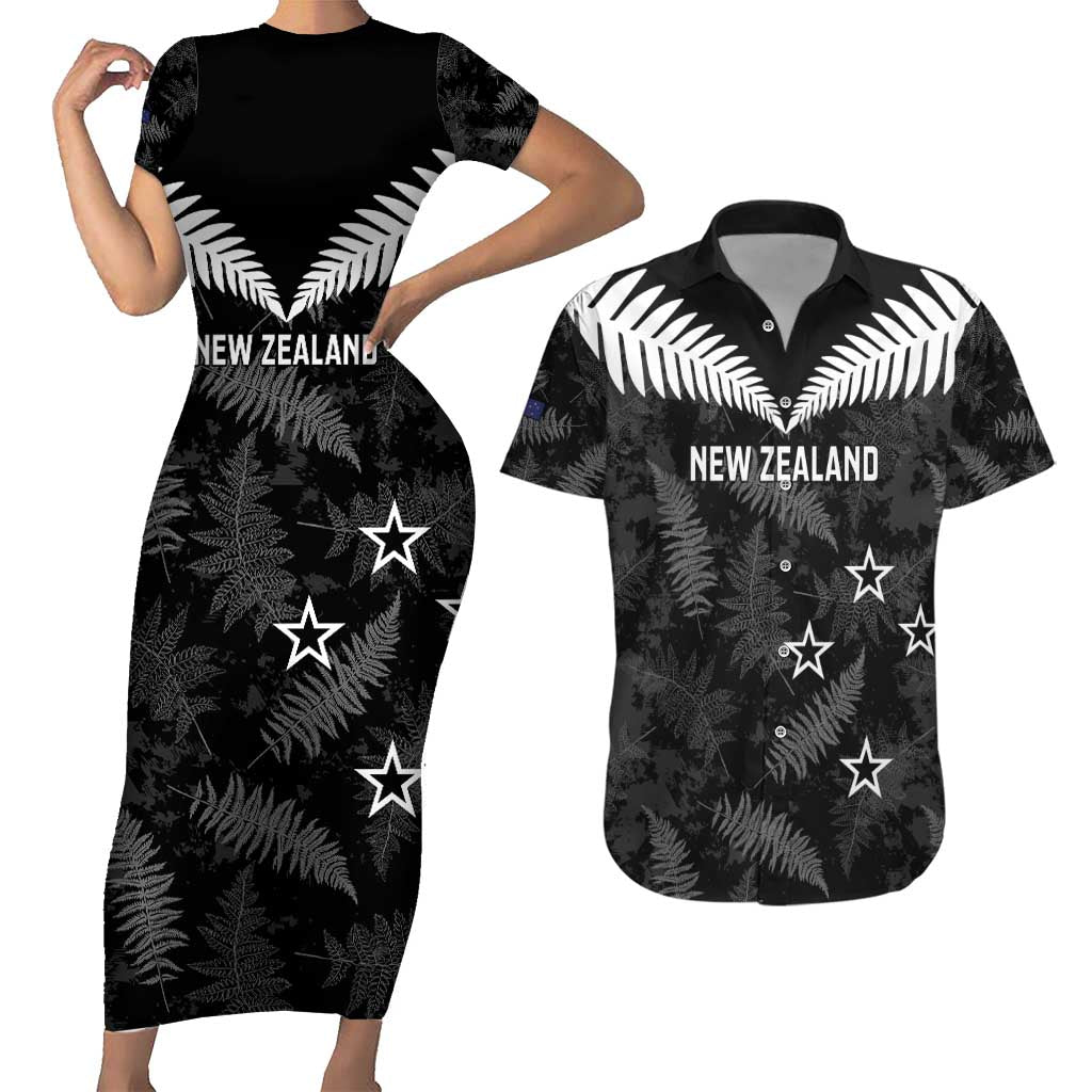 Custom New Zealand Silver Fern Football Couples Matching Short Sleeve Bodycon Dress and Hawaiian Shirt Go Aotearoa Grunge Black - Vibe Hoodie