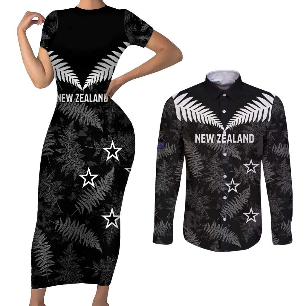 Custom New Zealand Silver Fern Football Couples Matching Short Sleeve Bodycon Dress and Long Sleeve Button Shirt Go Aotearoa Grunge Black - Vibe Hoodie
