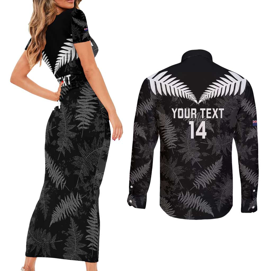 Custom New Zealand Silver Fern Football Couples Matching Short Sleeve Bodycon Dress and Long Sleeve Button Shirt Go Aotearoa Grunge Black - Vibe Hoodie