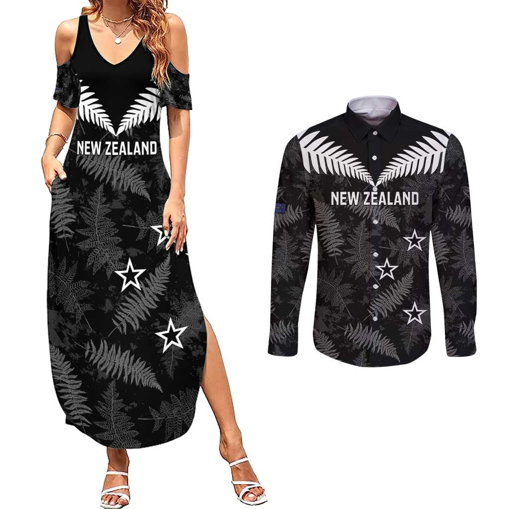 Custom New Zealand Silver Fern Football Couples Matching Summer Maxi Dress and Long Sleeve Button Shirt Go Aotearoa Grunge Black - Vibe Hoodie