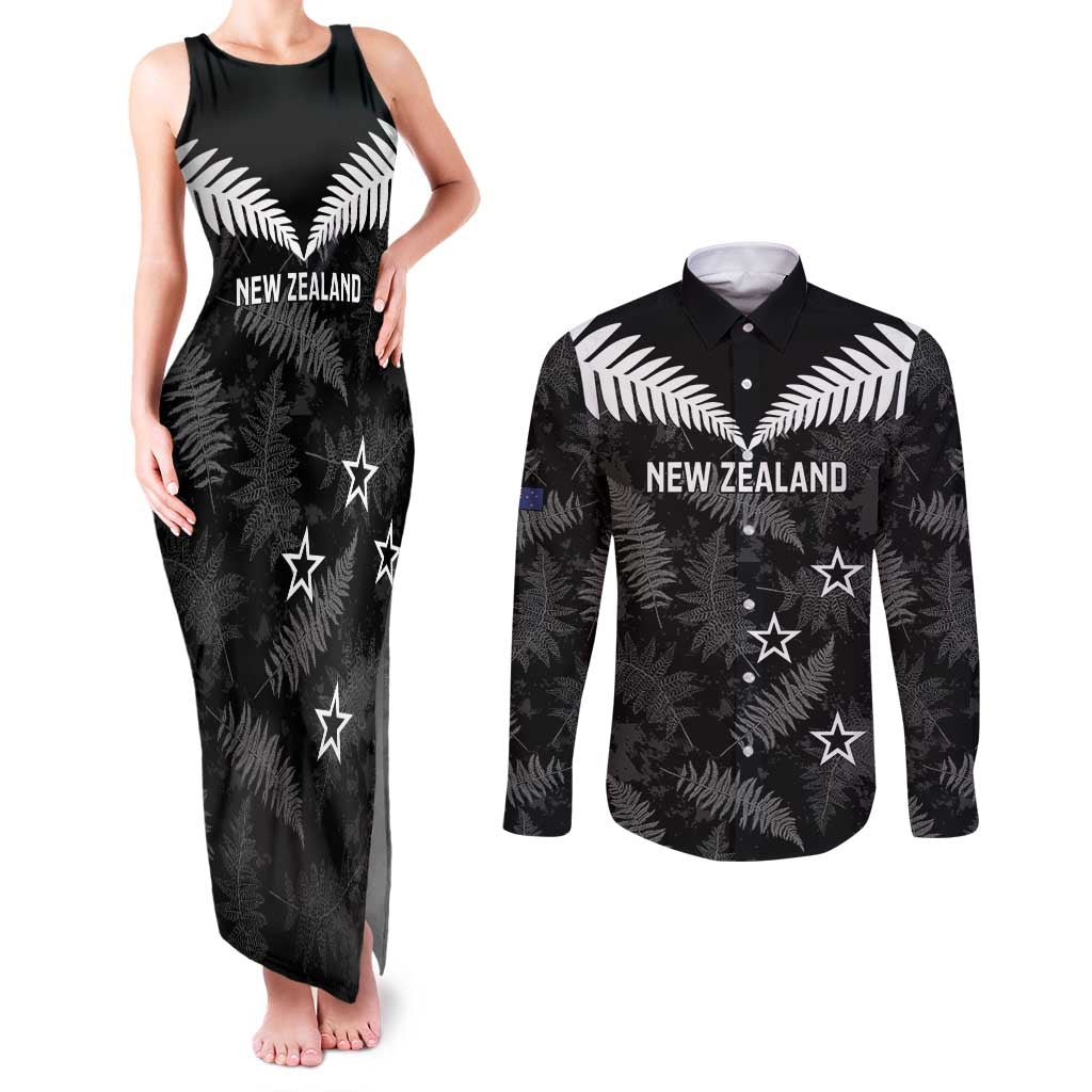 Custom New Zealand Silver Fern Football Couples Matching Tank Maxi Dress and Long Sleeve Button Shirt Go Aotearoa Grunge Black - Vibe Hoodie