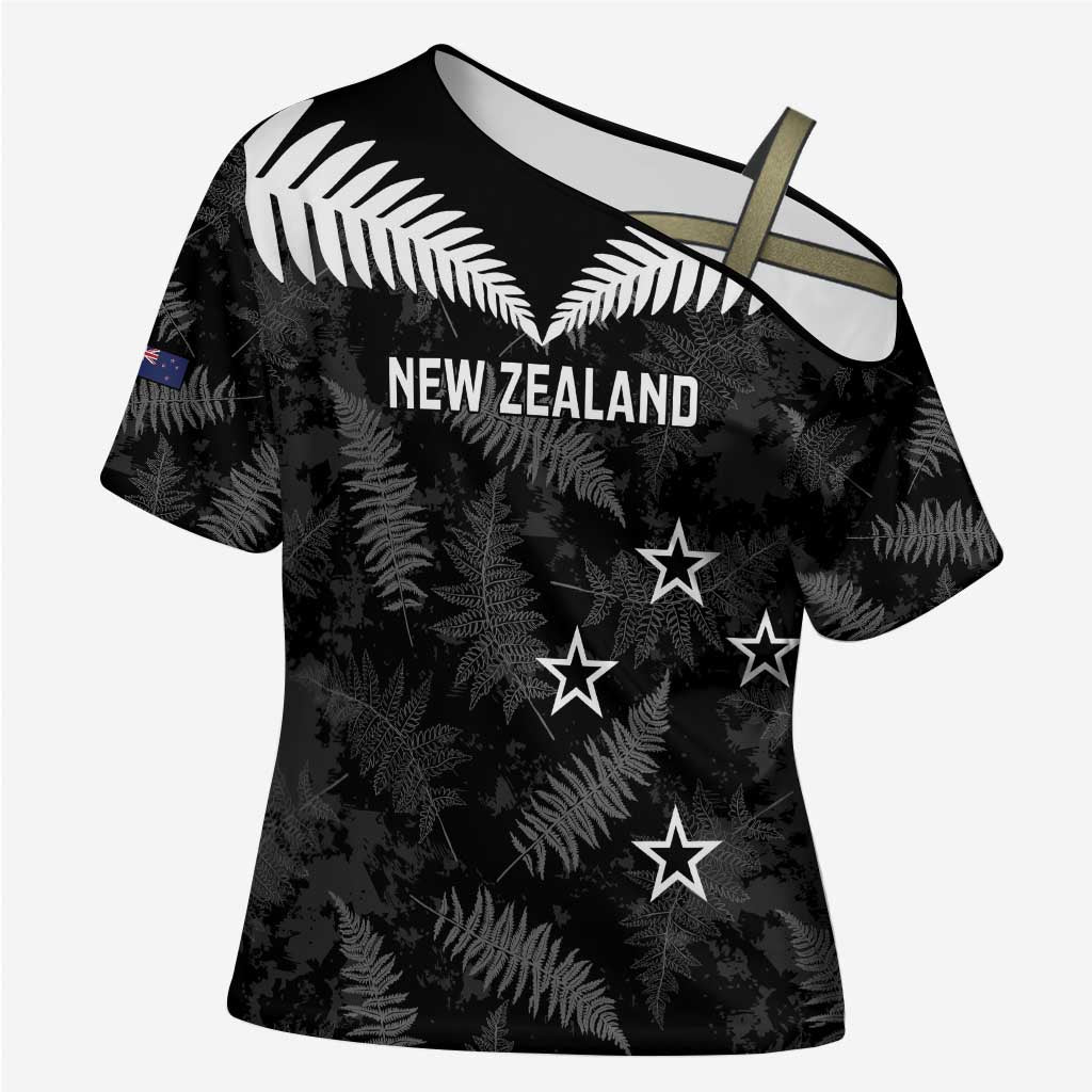 Custom New Zealand Silver Fern Football Cross Shoulder Shirt Go Aotearoa Grunge Black - Vibe Hoodie