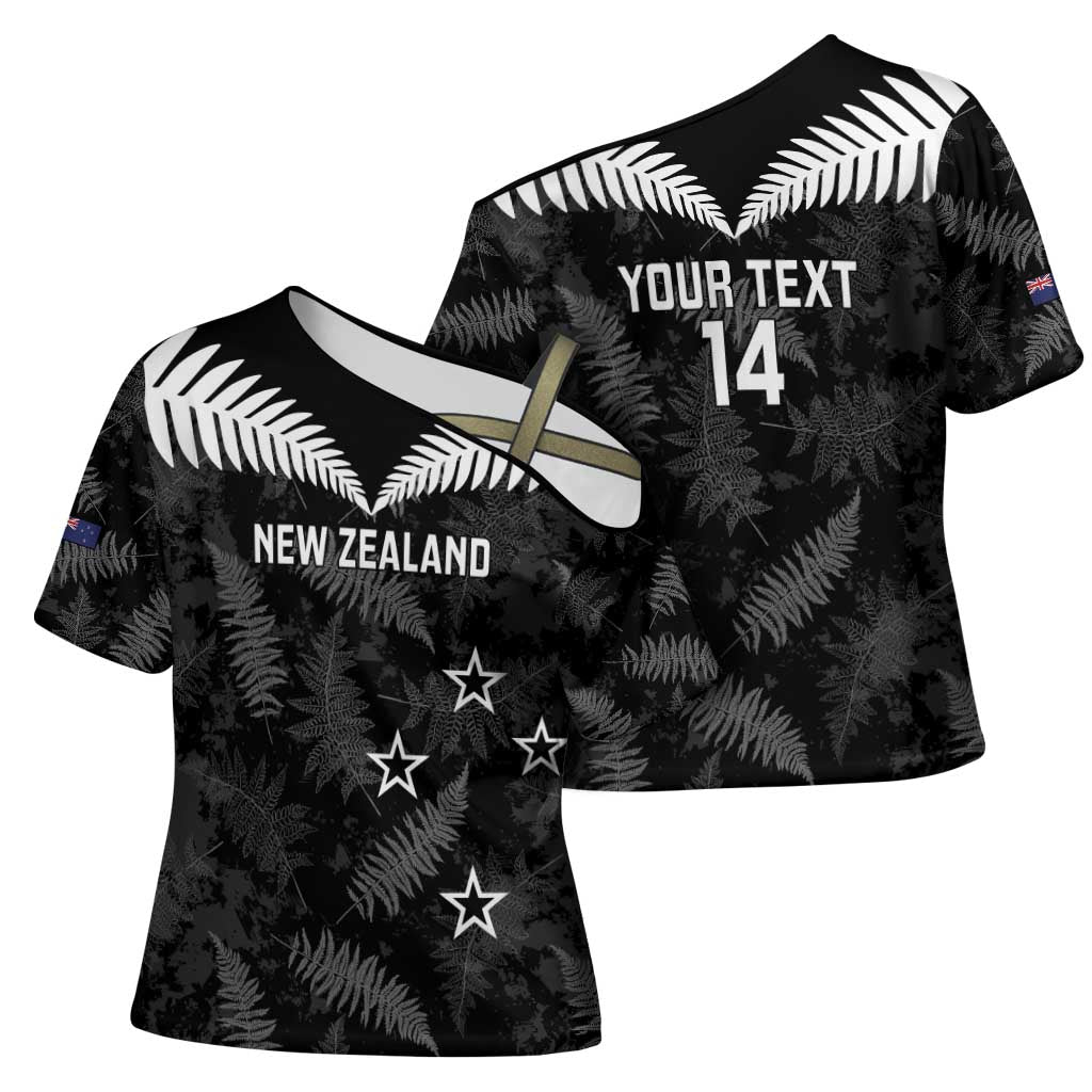 Custom New Zealand Silver Fern Football Cross Shoulder Shirt Go Aotearoa Grunge Black - Vibe Hoodie